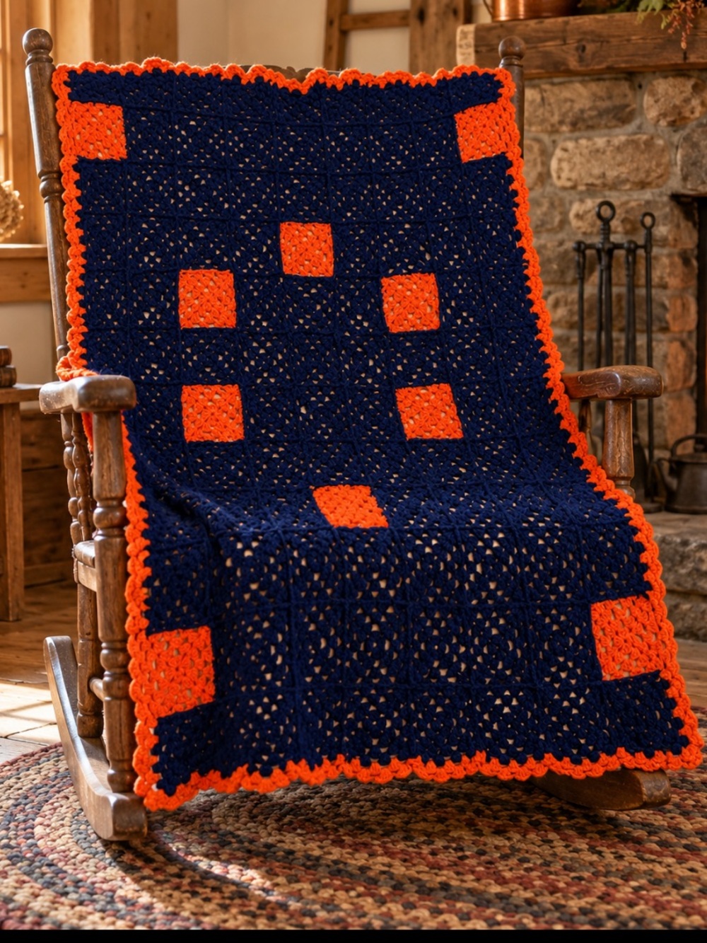 Vintage Crochet Homemade Afghan Navy Blue Orange Granny Square Throw Blanket